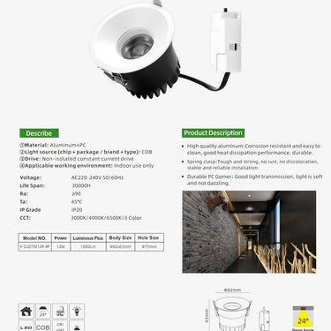 Spot LED Light Certified COB 12W Aluminum