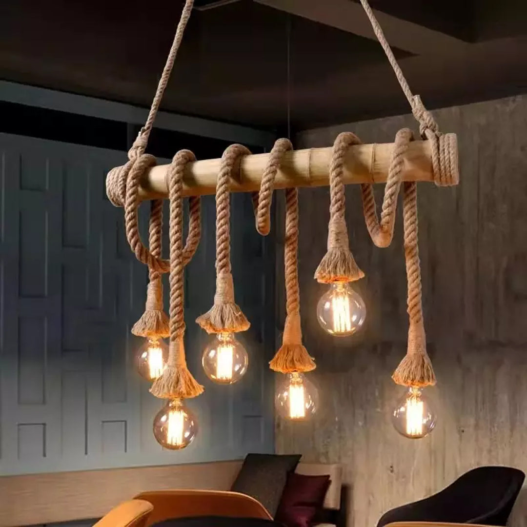 American Style Linear LED Industrial Retro Hemp Rope Bamboo Pendant Light Alostoura lighting