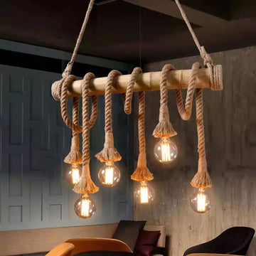 American Style Linear LED Industrial Retro Hemp Rope Bamboo Pendant Light Alostoura lighting