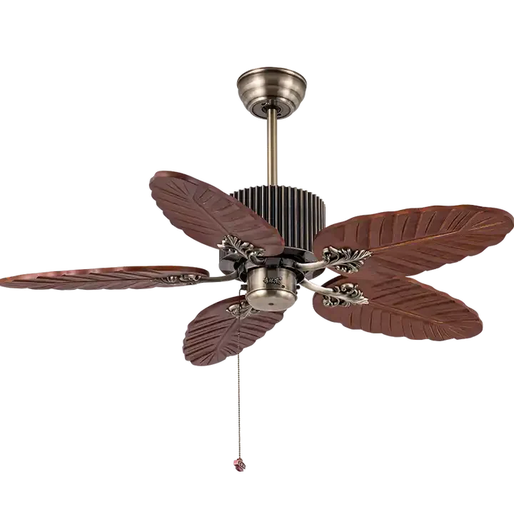 Ceiling fan pull switch palm leaf solid wood blades vintage led ceiling fan with chandelier Alostoura lighting