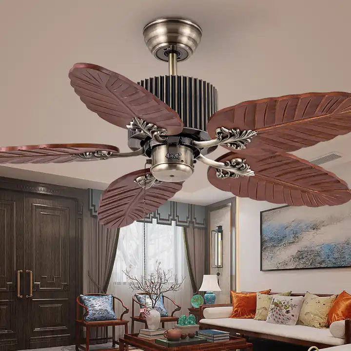 Ceiling fan pull switch palm leaf solid wood blades vintage led ceiling fan with chandelier Alostoura lighting