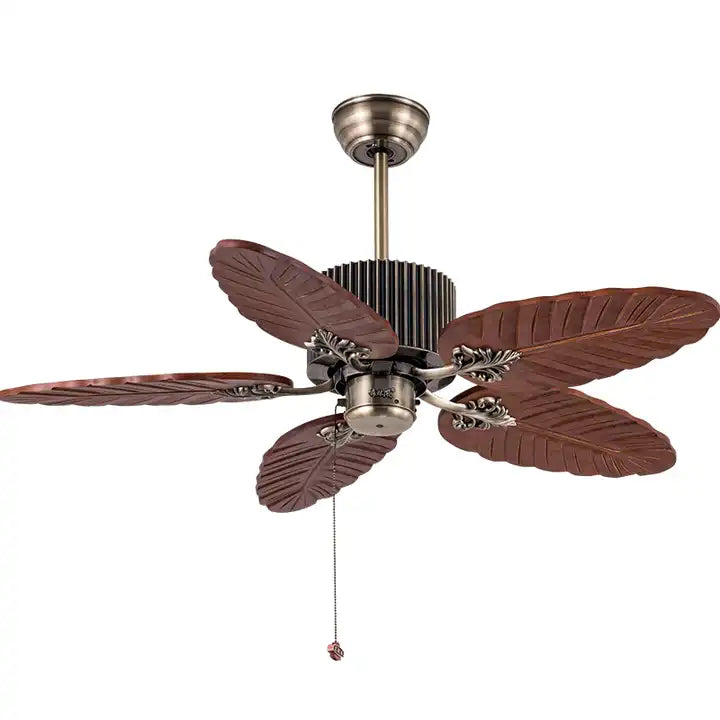 Ceiling fan pull switch palm leaf solid wood blades vintage led ceiling fan with chandelier Alostoura lighting