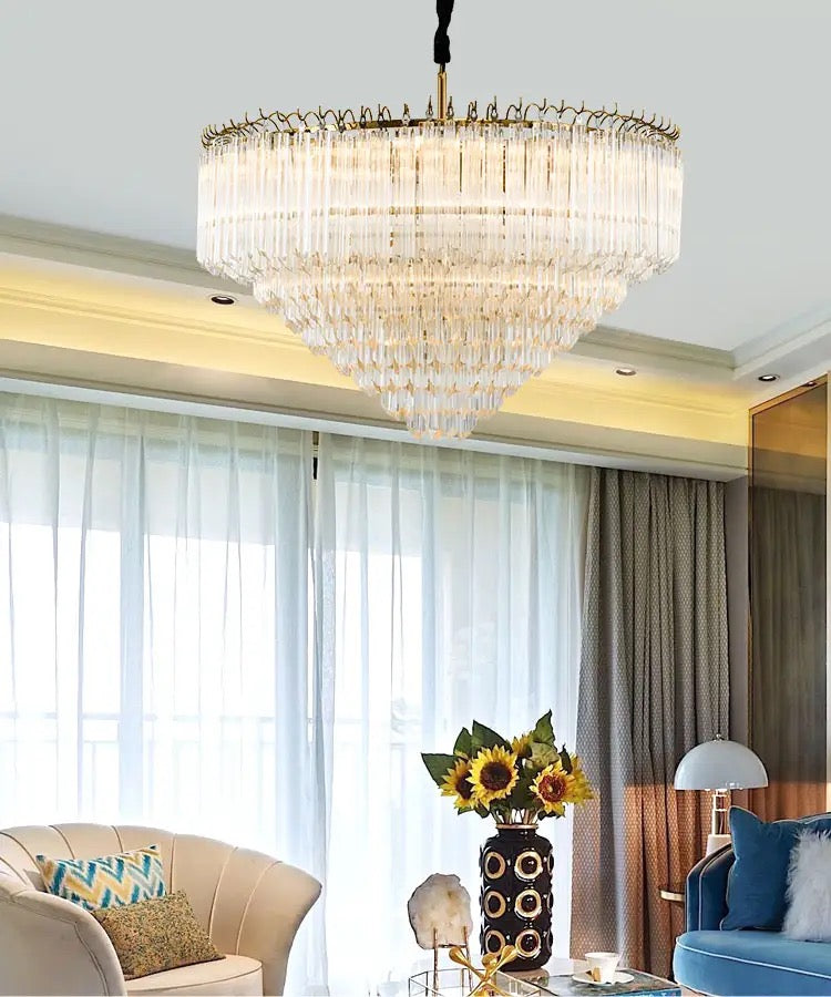 Golden Cone Chandelier Nordic Modern Household Fancy Lamp Shiny Crystal LED Light Luxury K9 Chandelier Alostoura lighting