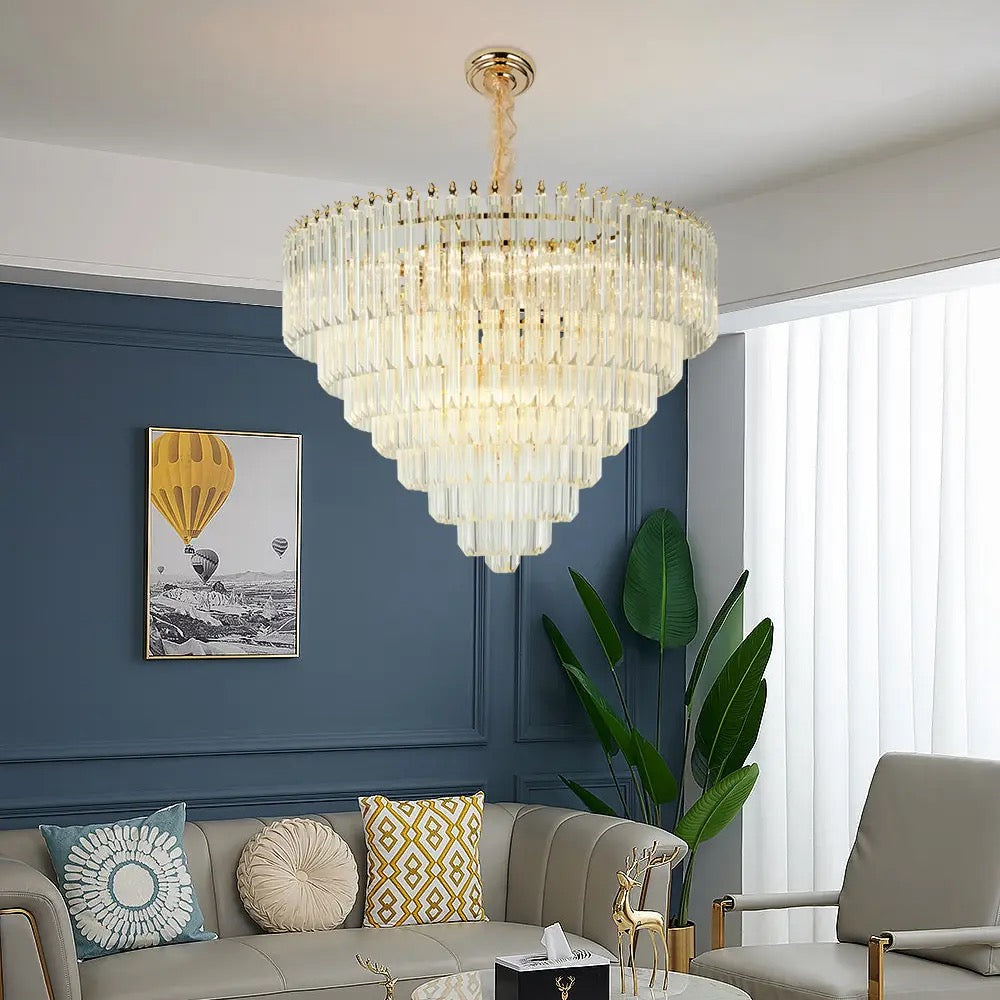 Golden Cone Chandelier Nordic Modern Household Fancy Lamp Shiny Crystal LED Light Luxury K9 Chandelier Alostoura lighting