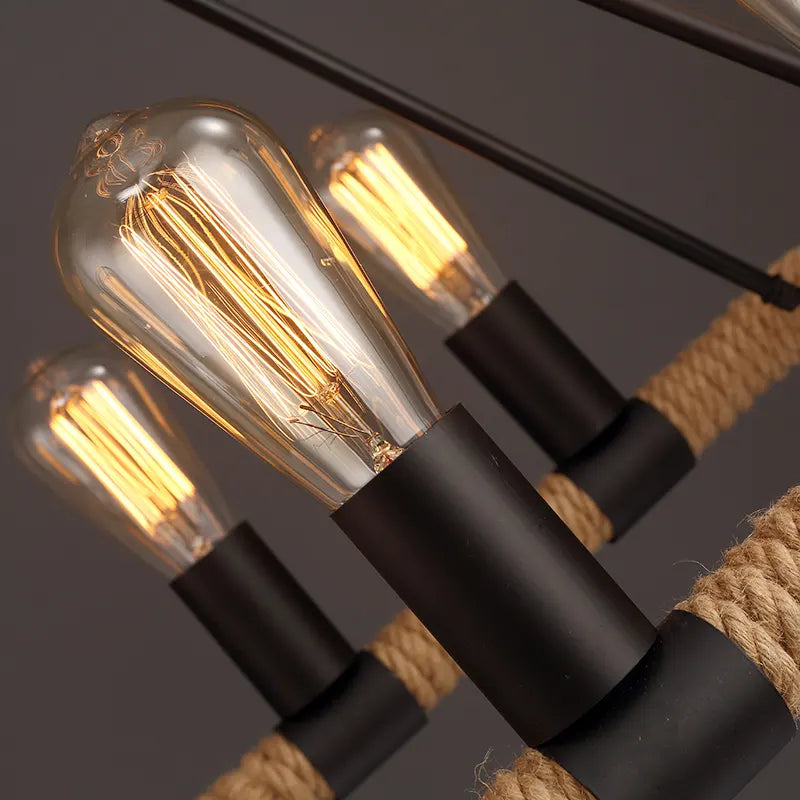 Classic Industrial Antique Old Castle Rope Filament square Chandelier Antique Hanging Lights hemp rope ceiling lamp