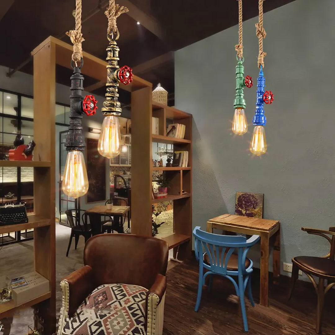 LOFT Water Pipe Hemp Rope Pendant Lamps Antique Industrial Chandelier Retro Hanging Light Alostoura lighting