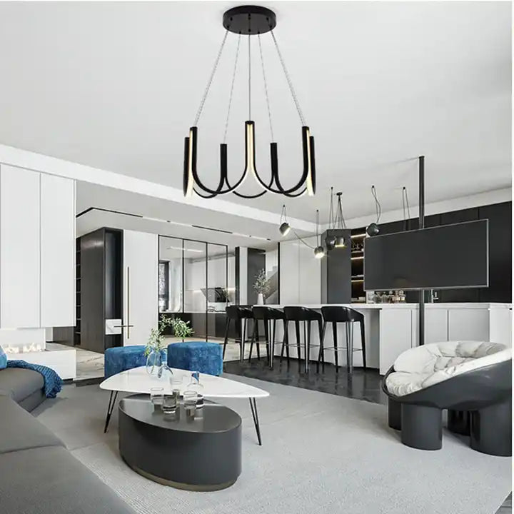 Modern Aluminum U Shape Acrylic Pendant Lighting Luxury Ring Black White Gold Contemporary Chandelier Alostoura lighting