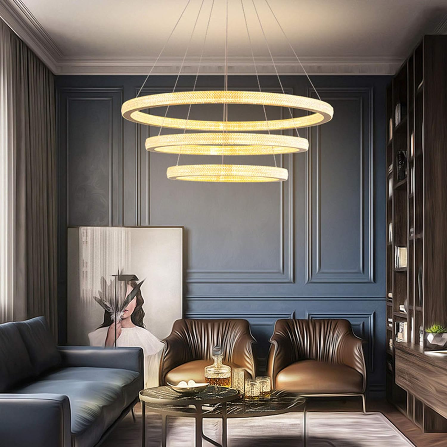 Modern Lightweight Luxury LED Round Chandelier Lighting, Living Room, Bedroom, Dining Room, Hall, Duplex, Hanging Light, Simple Designer Art During Lighting, Golden White Light, 60 + 80 + 100 cm Alostoura lighting