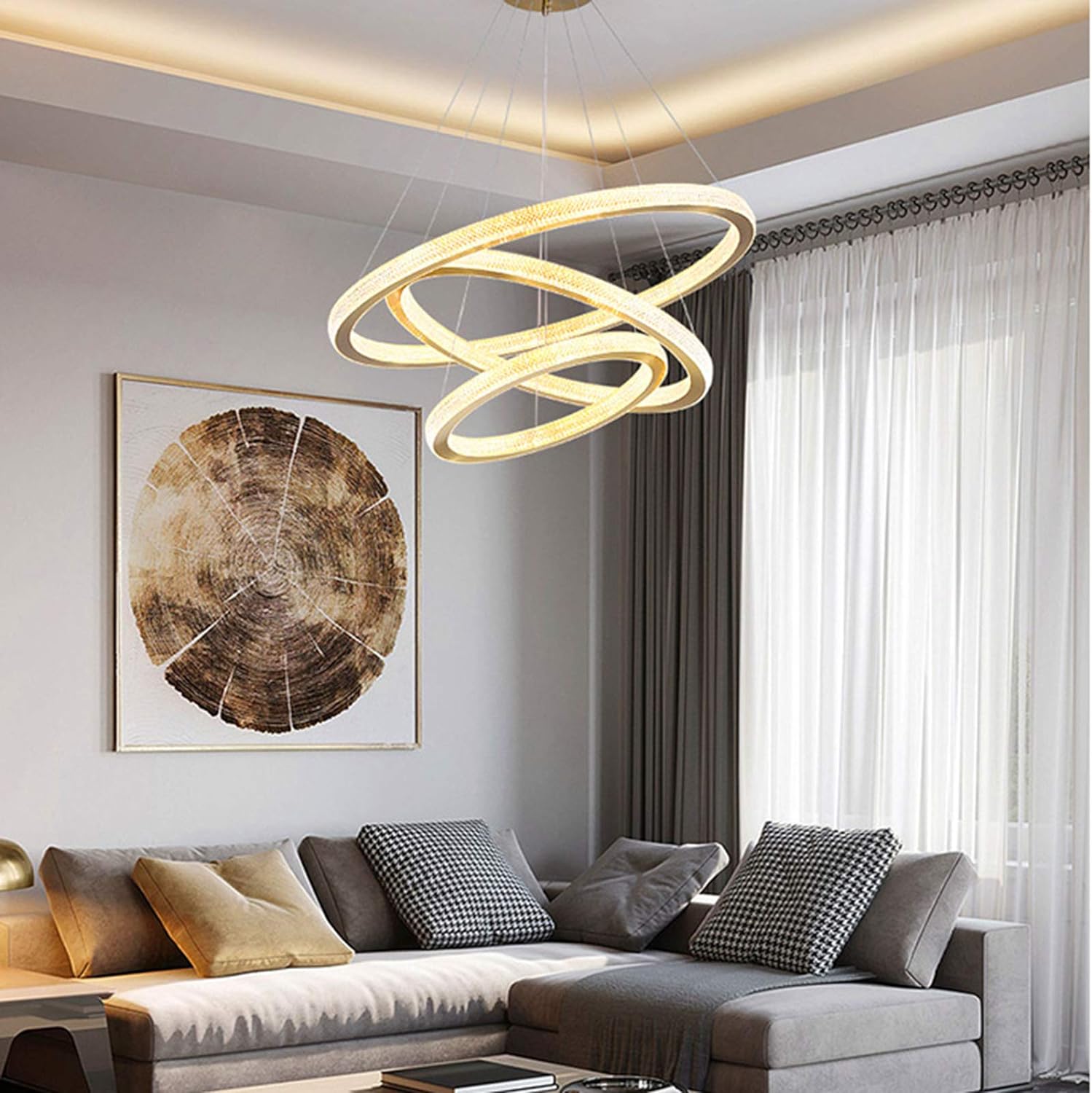 Modern Lightweight Luxury LED Round Chandelier Lighting, Living Room, Bedroom, Dining Room, Hall, Duplex, Hanging Light, Simple Designer Art During Lighting, Golden White Light, 60 + 80 + 100 cm Alostoura lighting