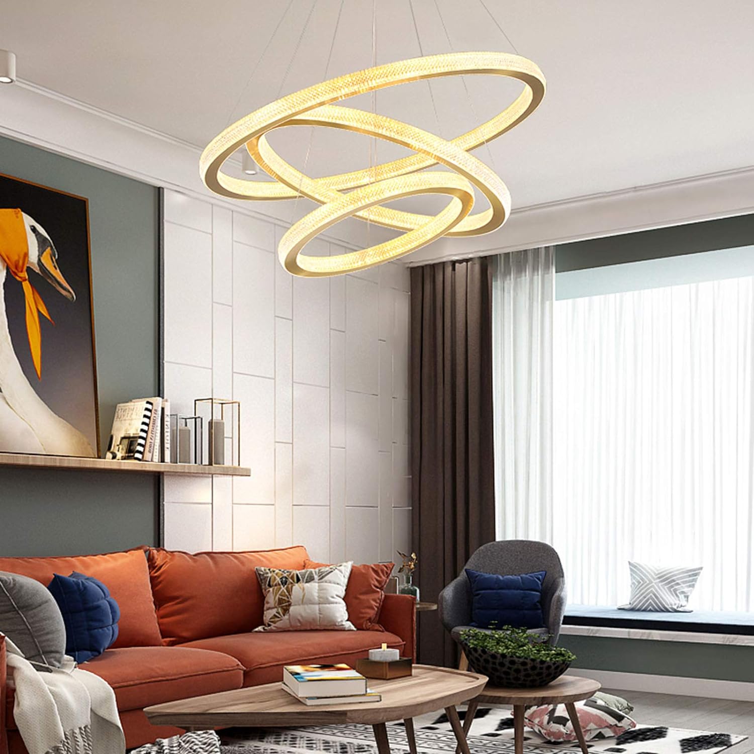 Modern Lightweight Luxury LED Round Chandelier Lighting, Living Room, Bedroom, Dining Room, Hall, Duplex, Hanging Light, Simple Designer Art During Lighting, Golden White Light, 60 + 80 + 100 cm Alostoura lighting