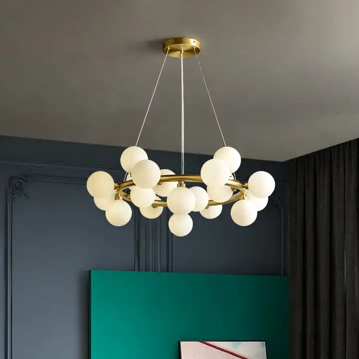 Modern Round Electroplated Golden Suspension Luminaire multiread 25 Lights Glass Chandelier Lighting Alostoura lighting