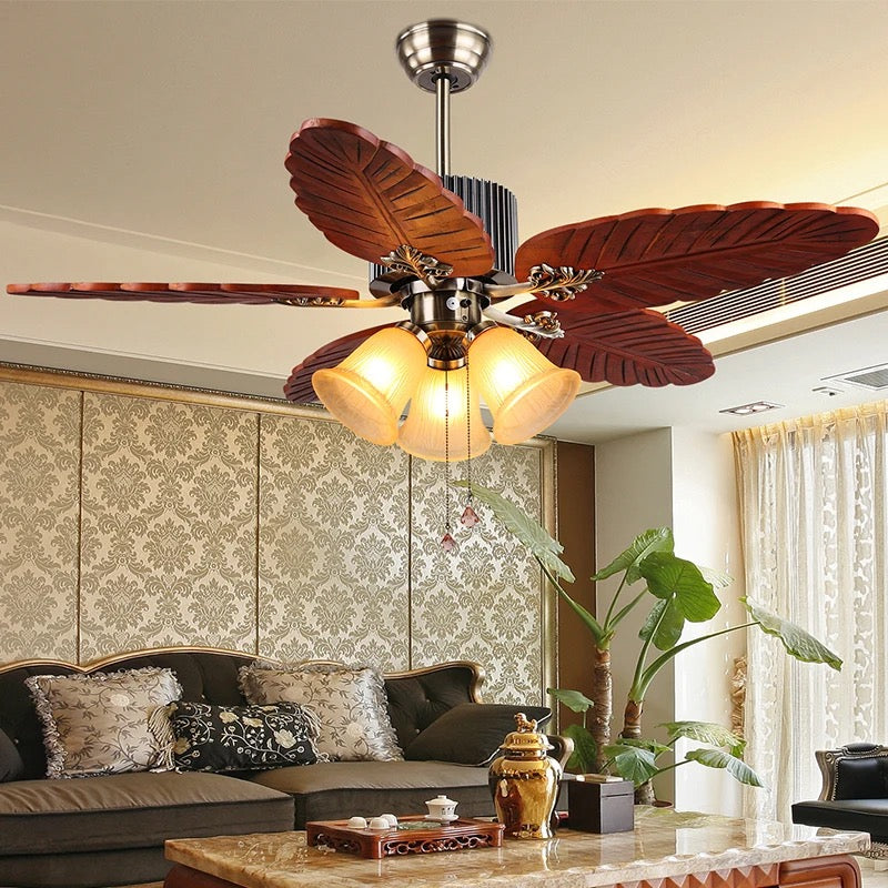 Modern decorative 48 inch pull chain 5 solid wood blades chandelier ceiling fan with light Alostoura lighting