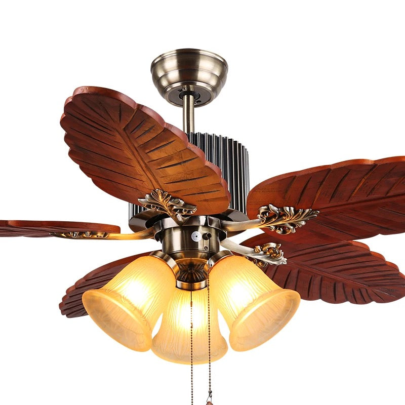 Modern decorative 48 inch pull chain 5 solid wood blades chandelier ceiling fan with light Alostoura lighting