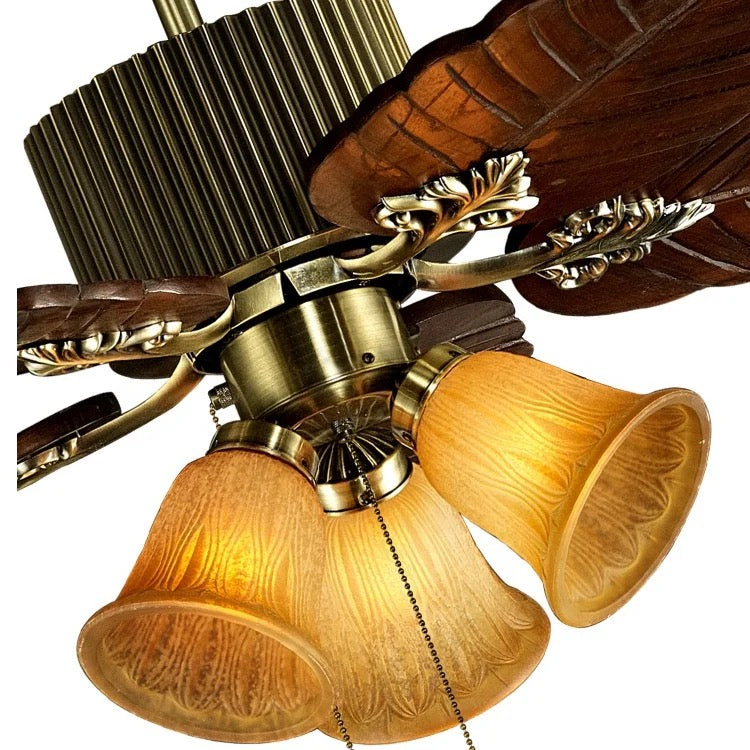 Modern decorative 48 inch pull chain 5 solid wood blades chandelier ceiling fan with light Alostoura lighting