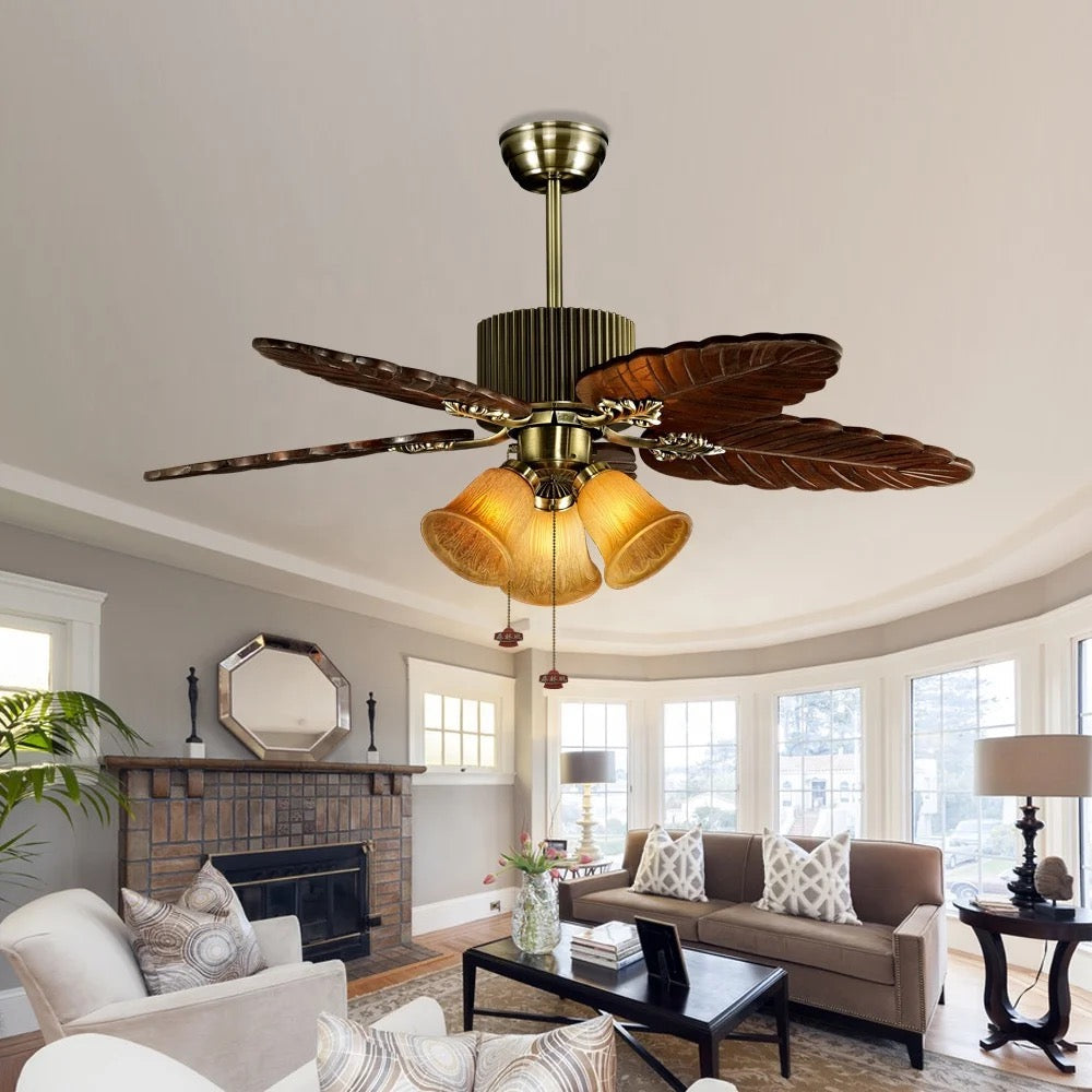 Modern decorative 48 inch pull chain 5 solid wood blades chandelier ceiling fan with light Alostoura lighting