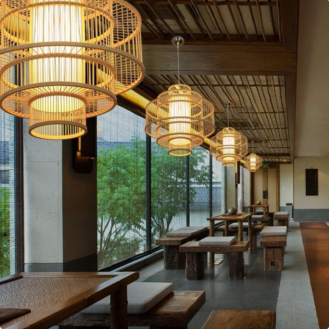 Natural rattan pendant light bamboo shade unique dinning room decorative E27 holder Alostoura lighting