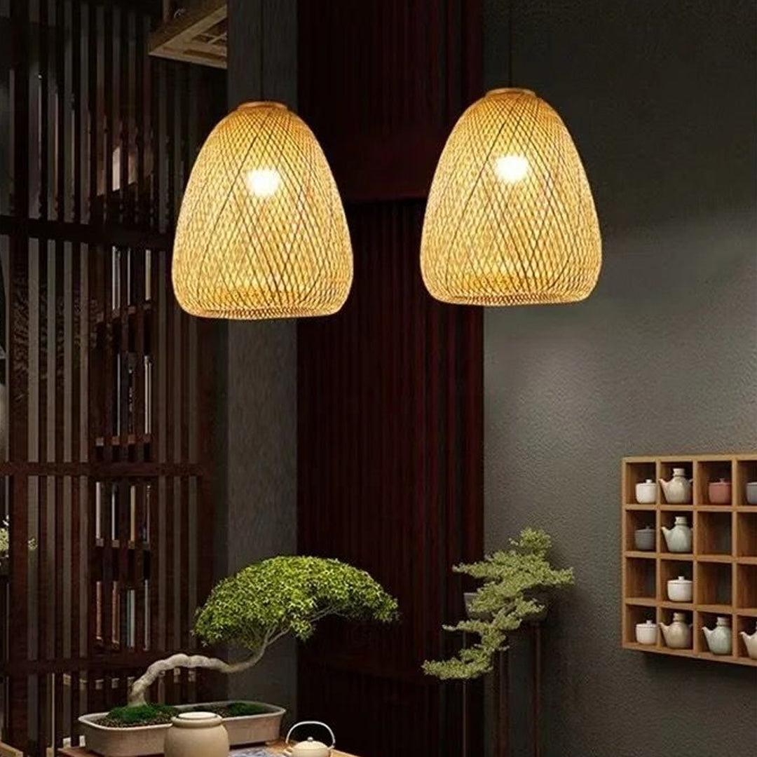 Natural vintage retro handmade rattan bamboo lamp shade hat pendant light Alostoura lighting