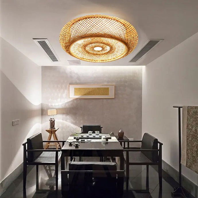 Rattan Round Ceiling Light Bedroom Living Room Bamboo Lighting Fixture ...