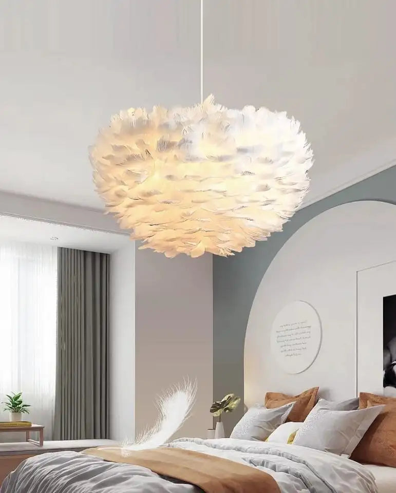 Romantic Globe Light White Feather Chandelier Alostoura lighting